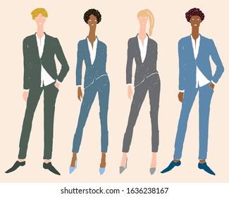 Vector freehand drawing of young business people in classic suits