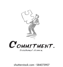 Vector freehand drawn Idea concept sketch. a man carrying a  piece of jigsaw as commitment. business concept.