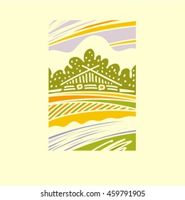 Vector freehand drawn illustration of autumn yellow and green landscape with village home, tree and cloud. Abstract illustration for logotype handmade or rural product.