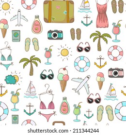 Vector freehand drawn travel on vacation summer seamless background