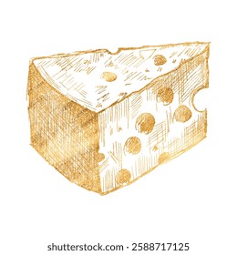 Vector freehand golden cheese scribble isolated on white background. Texture of writing materials. Handwritten gold doodles and pencil strokes. Hand drawn cheesey line art