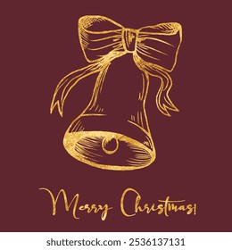Vector freehand golden Christmas bell on a red background. Merry Christmas card. The golden sketch. The texture of writing materials. Christmas hand drawings and pencil strokes.