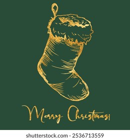 Vector freehand golden Christmas sock on a green background. Merry Christmas card. The golden sketch. The texture of writing materials. Christmases hand drawings and pencil strokes.