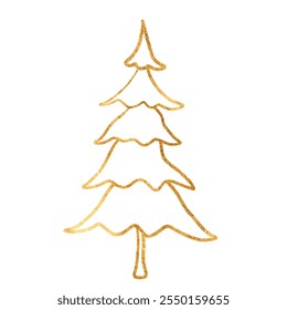 Vector freehand golden christmas tree scribble isolated on white background. Texture of writing materials. Handwritten christmases gold doodles and pencil strokes. 