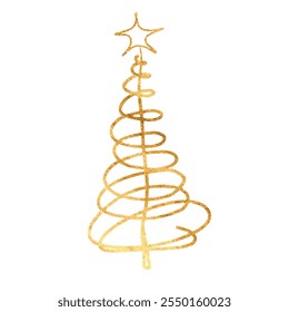 Vector freehand golden christmas tree scribble isolated on white background. Texture of writing materials. Handwritten christmases gold doodles and pencil strokes. 