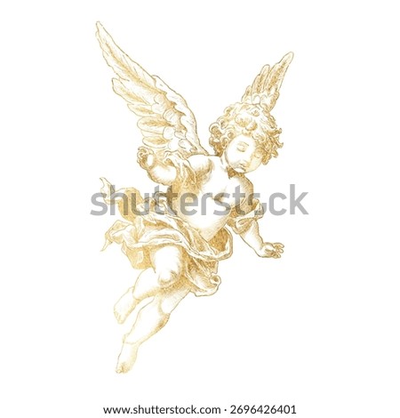 Vector freehand golden Cupid scribble isolated on white background. Texture of writing materials. Handwritten valentines doodles and pencil strokes. Hand drawn cupidinous. Line art, sketch Baroque