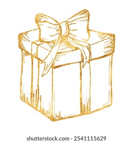 Vector freehand golden gift box scribble isolated on white background. Texture of writing materials. Handwritten christmases gold doodles and pencil strokes. 