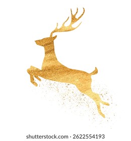 Vector freehand golden illustration of a jumping, flying deer with splashes. Hand drawn gold reindeer. Christmas design for pattern, wallpaper, cards