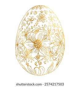 Vector Freehand golden linear Easter egg with an intricate floral pattern in line art style scribble isolated on white background. Texture of writing materials. Handwritten doodles and pencil strokes.