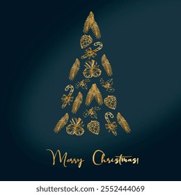 Vector freehand golden Merry Christmas card with an image of Christmas tree on a green background. Gold Christmases design. Card, background.