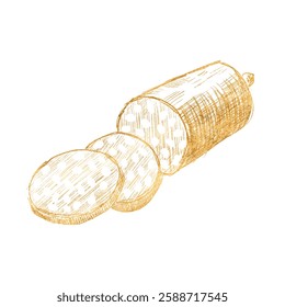 Vector freehand golden sausage, salami scribble isolated on white background. Texture of writing materials. Handwritten doodles and pencil strokes. Hand drawn gold sausage line art style