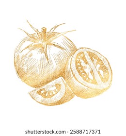 Vector freehand golden tomato scribble isolated on white background. Texture of writing materials. Handwritten doodles and pencil strokes. Hand drawn gold tomatoey line art