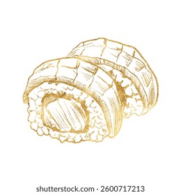 Vector freehand golen sushi scribble isolated on white background. Texture of writing materials. Handwritten Korean food gold doodles and pencil strokes. Drawing of a hand holding chopsticks. 