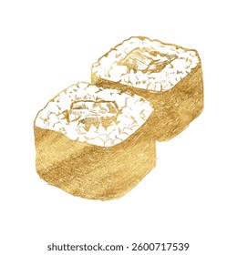 Vetor mão livre golen sushi rabiscar isolado no fundo branco. Textura de materiais de escrita. Coreano manuscrito alimento doodles de ouro e traços de lápis. Desenho de uma mão segurando pauzinhos. 