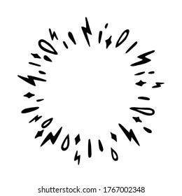 Vector freehand illustration of blots, lightnings, rays, sunburst. Abstract, hand drawn element, round frame, isolated on white background.