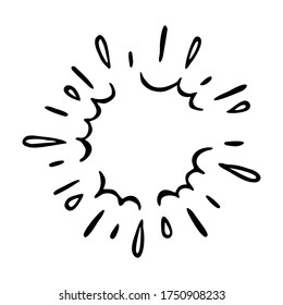 Vector freehand illustration of blots, rays, sunburst. Abstract, hand drawn element, round frame, isolated on white background.