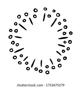 Vector freehand illustration of blots, rays, sunburst. Abstract, hand drawn element, round frame, isolated on white background.