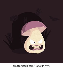 A vector freehand illustration of cartoon cep mushroom, feeling anger, dedicated to Halloween celebration observed on 31 of October, spooky fungi with teeth on dark background