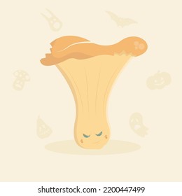 A vector freehand illustration of cartoon chanterelle mushroom. Dedicated to Halloween celebration observed on 31 of October, spooky fungi on light background with ghosts, bats, jack-o’-lantern on it.