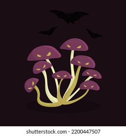 A vector freehand illustration of cartoon dangerous purple mushrooms. Dedicated to Halloween celebration observed on 31 of October, spooky fungies on dark background with bats on it.