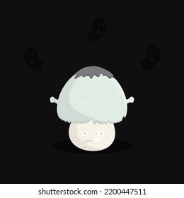 A vector freehand illustration of cartoon Frankenstein champignon mushroom. Dedicated to Halloween celebration observed on 31 of October, spooky fungi on dark background.