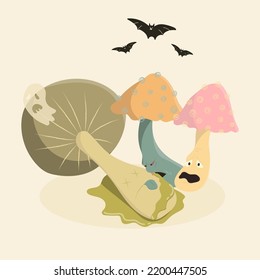 A vector freehand illustration of cartoon mushrooms, one  is eating the dead one, the third one is scared. Dedicated to Halloween celebration observed on 31 of October, spooky fungies