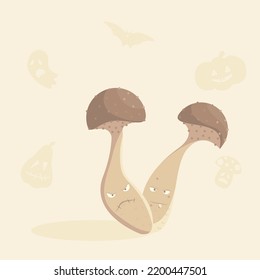 A vector freehand illustration of cartoon twin mushrooms. Dedicated to Halloween celebration observed on 31 of October, spooky fungi on light background