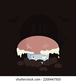A vector freehand illustration of cartoon zombie suillus mushroom getting out of his grave. Dedicated to Halloween celebration observed on 31 of October, fungi on dark background with bats, gravestone