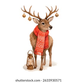 Vector freehand illustration of a deer in watercolor isolated on white background. Hand drawn watercolour Christmas reindeer	