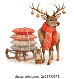Vector freehand illustration of a deer in watercolor isolated on white background. Hand drawn watercolour Christmas reindeer	