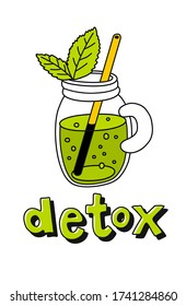 Vector freehand illustration in doodle style of a glass jar with a drinking tube with mint and the word detox.
