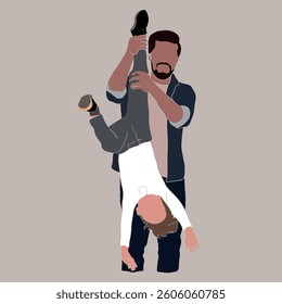 Vector freehand illustration of a Father playing with his Son in a flat style in beige tones. Hand drawn postcard, background for Father's Day