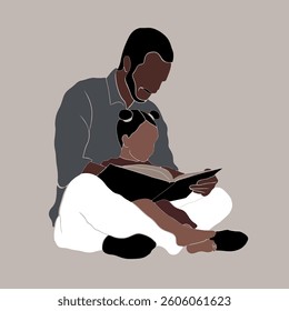 Vector freehand illustration of a father reading a book to his daughter in a flat style in beige tones. Hand drawn postcard, background for Father's Day