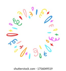 Vector freehand illustration of frame with confetti and serpentine. Abstract, hand drawn round element, isolated on white background.
