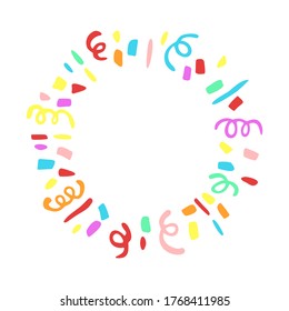 Vector freehand illustration of frame with confetti and serpentine. Abstract, hand drawn round element, isolated on white background.