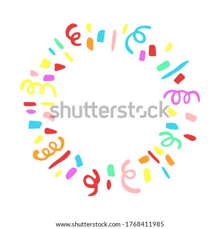 Vector freehand illustration of frame with confetti and serpentine. Abstract, hand drawn round element, isolated on white background.
