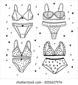 Ilustración vectorial a mano alzada, ropa interior, juegos, bragas, blusas, grandes elementos para su diseño.