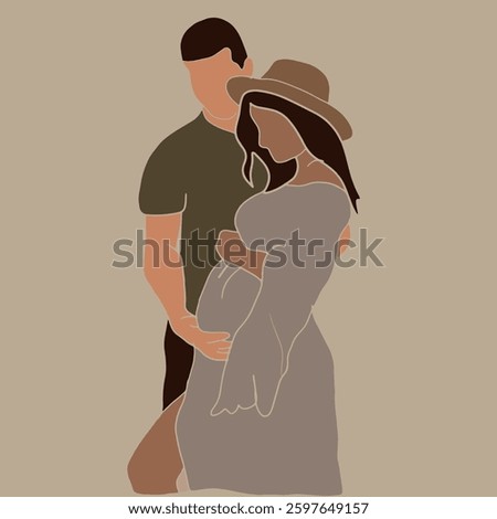 Vector freehand illustration of a young married couple expecting a child in the style of flat graphics. Hand drawn minimalistic, abstract of a pregnant girl. Pregnancy. Design