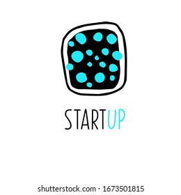 Imagen libre vectorial de un marco negro sobre un fondo blanco. Dentro del marco sobre un fondo negro, los puntos azules, los círculos, son dibujados a mano. Logotipo para zona infantil, juego, patio de juegos, puesta en marcha.