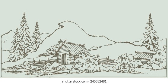 Vector freehand ink outline sketch in style of contour book engraving. Medieval rural scene with wooden hut under high grassy cliff on the shores of old pool with space for text against sky background