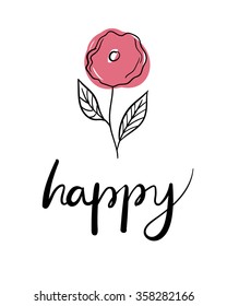 Vector freehand letters "happy" text doodles, valentine's day with colored flowers
