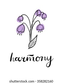 Vector freehand letters "harmony" text doodles, valentine's day with colored flowers