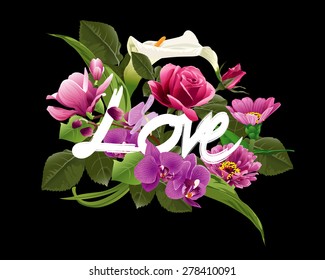 Vector freehand letters "love" text doodles on flora, valentine's day