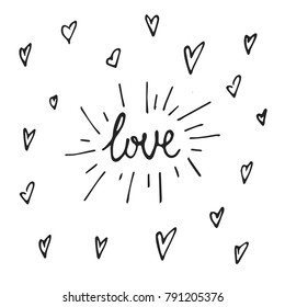 Vector freehand letters "love" text doodles, valentine's day