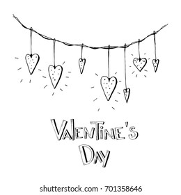 Vector freehand letters Valentine's Day text doodles and hearts, valentine's day