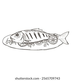 Vector Freehand linear image of a dish with fish and lemons in line art style, isolated on a white background. Hand drawn fishy doodle illustration. Design cards, menu