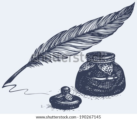 Vector freehand linear monochrome drawing of ancient pen and inkwell 