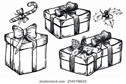 Vector freehand set golden christmas gift box scribble isolated on white background. Texture of writing materials. Handwritten christmases gold doodles and pencil strokes. 