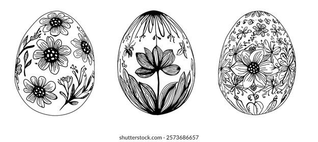 Vector freehand  set linear Easter eggs with an intricate floral pattern in line art style scribble isolated on white background. Texture of writing materials. Handwritten doodles and pencil strokes 