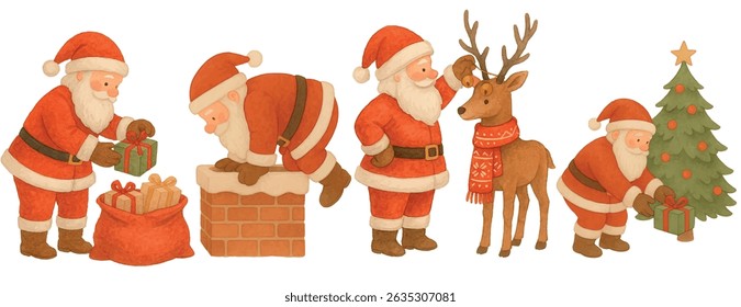 Vector freehand set minimalistic watercolor clipart illustration of Santa Claus. Hand drawn collection watercolour Christmas Santa's 